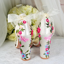 Load image into Gallery viewer, Ivory Satin Bridal Sandals: Floral Embroidery, Block Heel - UK6/US8.5
