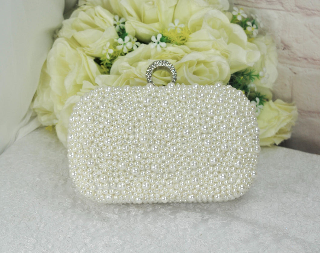 Ivory Bag with Silver Hardware Pearl Clutch Bag - IN STOCK
