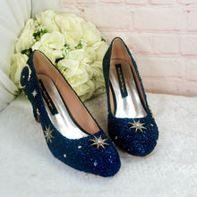 Load image into Gallery viewer, Navy Celestial Wedding Shoes – Glitter Moon &amp; Star Block Heels
