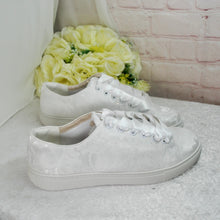 Load image into Gallery viewer, Bridal White Lace Trainers:  Flat Wedding Sneakers  Size UK8/US10.5
