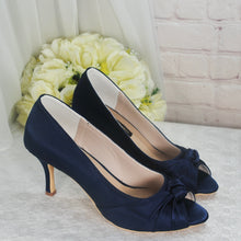 Load image into Gallery viewer, Navy Blue Satin Peep Toe Wedding Heels: Custom Bridesmaid Shoes UK8/US10.5

