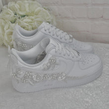 Load image into Gallery viewer, Bridal Air Force 1 Bright White Luxury Embroidered Sneakers, Genuine Nike, Bridal Shoes,  Wedding Nike, AF1 Wedding Shoes, Quinceañera Shoes
