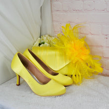 Load image into Gallery viewer, Yellow Fascinator and Clutch Bag Set: Handmade Satin Wedding Outfit
