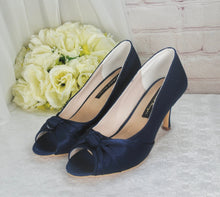 Load image into Gallery viewer, Navy Blue Satin Peep Toe Wedding Heels: Custom Bridesmaid Shoes UK8/US10.5
