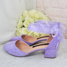 Load image into Gallery viewer, Lilac Purple Suede Bridal Sandals: Vegan Block Heel Wedding Shoes
