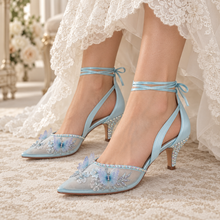Load image into Gallery viewer, Blue Butterfly Wedding Shoes – Floral Mesh Bridal Kitten Heels
