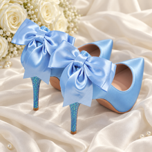 Load image into Gallery viewer, Something Blue Satin Wedding Shoes with Bow | Pointed-Toe Bridal Heels | Glitter Heel Court Shoes | Custom Colours
