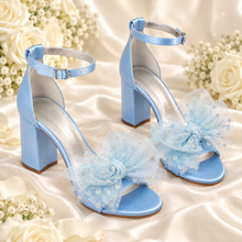 Load image into Gallery viewer, Something Blue Wedding Shoes | Satin Block-Heel Bridal Sandals | Removable Tulle Bows
