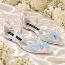 Load image into Gallery viewer, White Butterfly Bridal Flats | Embroidered Mesh Wedding Shoes with Ankle Ties
