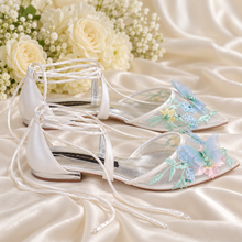 Load image into Gallery viewer, White Butterfly Bridal Flats | Embroidered Mesh Wedding Shoes with Ankle Ties
