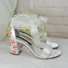 Load image into Gallery viewer, Ivory Satin Bridal Sandals with Floral Embroidery, Wedding Shoes with Ankle Strap, Bridal Shoes with Block Heel
