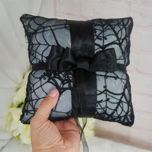 Load image into Gallery viewer, Gothic Wedding, Halloween Ring Pillow: Sparkling Cobweb Spider Bridal Rings
