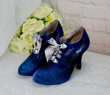 Load image into Gallery viewer, Hand-Painted Celestial Wedding Shoes – Blue Galaxy Lace-Up Heels
