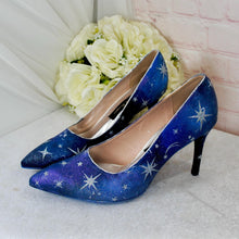 Load image into Gallery viewer, Blue Satin Celestial Wedding Shoes: Hand-Painted Galaxy Bridal Heels UK7.5/US10
