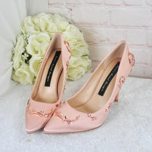 Load image into Gallery viewer, Blush Pink Satin Bridal Shoes with Rose Gold Filigree Vines
