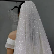 Load image into Gallery viewer, A close-up of a person wearing a white, sparkly veil with a white dress underneath.
