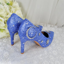 Load image into Gallery viewer, Light Blue Celestial Wedding Shoes – Glitter Moon &amp; Star Heels

