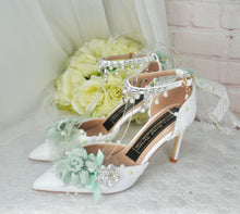 Load image into Gallery viewer, Bridal Floral Heels – Sage Green &amp; White Wedding High Heels with Ankle Strap • UK5 / US7.5
