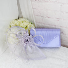 Load image into Gallery viewer, Lilac Purple Satin Clutch Bag and Fascinator Set: Wedding Guest Outfit

