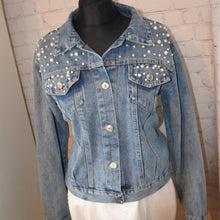 Load image into Gallery viewer, Custom Autumn Flower Embroidered Bridal Denim Jacket with Pearls

