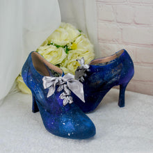 Load image into Gallery viewer, Hand-Painted Celestial Wedding Shoes – Blue Galaxy Lace-Up Heels
