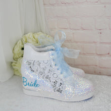 Load image into Gallery viewer, Glitter Bridal Wedge Sneakers: Something Blue Lace Wedding Trainers UK5/US7.5
