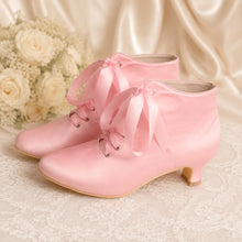 Load image into Gallery viewer, Satin Bridal Booties, Lace Up Luxury Wedding Ankle Boots, Handmade Block Heel Shoes
