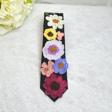 Load image into Gallery viewer, Embroidered Wildflower Tie: White Satin Floral Necktie, Wedding Groom
