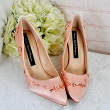 Load image into Gallery viewer, Blush Pink Satin Bridal Shoes with Rose Gold Filigree Vines

