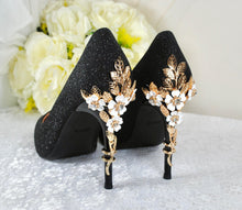 Load image into Gallery viewer, Black Glitter Heels – Handmade Bridal Shoes with Cherry Blossom Floral Detail - UK6/US8.5
