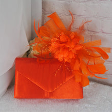 Load image into Gallery viewer, Orange Fascinator and Clutch Bag Set: Handmade Satin Wedding Outfit
