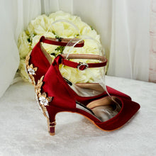 Load image into Gallery viewer, Burgundy Satin Bridal Shoes: Bridesmaid Floral Heel, Ankle Strap • Size UK6/US8.5
