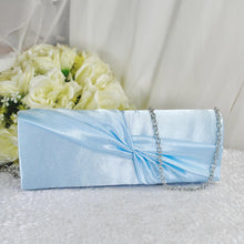 Load image into Gallery viewer, Bridal Fascinator and Satin Clutch Purse Set, Light Blue Hatinator and Bag
