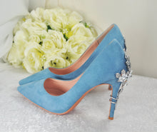 Load image into Gallery viewer, Blue Suede Heels: Silver Cherry Blossom Wedding Shoes - UK6/US8.5
