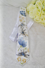 Load image into Gallery viewer, Blue Lotus Flower Embroidered Floral Tie: Handmade White Wedding Necktie
