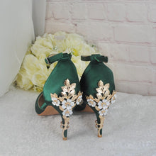 Load image into Gallery viewer, Emerald Green Satin Bridal Sandals: Cherry Blossom Heel, Handmade Wedding Shoes
