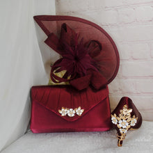 Load image into Gallery viewer, Burgundy Red Satin Bridal Set: Heels, Clutch &amp; Fascinator
