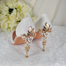 Load image into Gallery viewer, Ivory Shimmer Heels - Handmade Bridal Satin Shoes with Gold Detail &amp; Cherry Blossom UK7/US9.5
