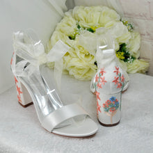 Load image into Gallery viewer, Ivory Satin Bridal Sandals with Floral Embroidery, Wedding Shoes with Ankle Strap, Bridal Shoes with Block Heel
