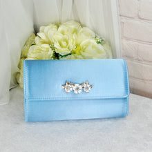 Load image into Gallery viewer, Light Baby Blue Clutch Bag with 'Cherry Blossom' Floral Embellishment
