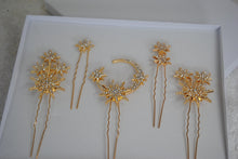 Load image into Gallery viewer, Silver or Gold Celestial Moon and Stars Bridal Hair Pins
