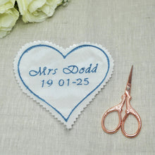 Load image into Gallery viewer, Sew On Wedding Dress Patch Something blue Custom Patch Personalised Wedding Label Bride Something Blue Wedding Heart
