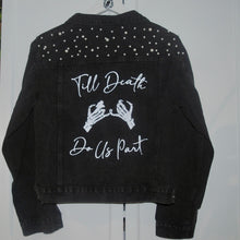 Load image into Gallery viewer, Till Death Personalised Bridal Denim Jacket, Bride to Be Black Wedding Dress Top
