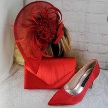 Load image into Gallery viewer, Red Fascinator Hat and Clutch Bag Set, Wedding Guest Outfit
