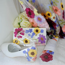 Load image into Gallery viewer, Embroidered Wildflower Tie: White Satin Floral Necktie, Wedding Groom
