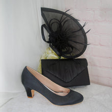 Load image into Gallery viewer, Black Satin Bridal Set: Block Heel Shoes, Clutch Bag &amp; Sinamay Fascinator

