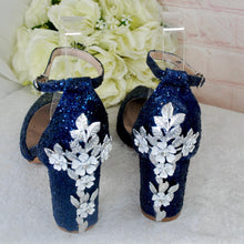Load image into Gallery viewer, Block Heel Bridal Sandals: Navy Blue Glitter with Cherry Blossom UK6/US8.5
