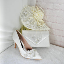 Load image into Gallery viewer, Ivory Satin Bridal Heels: Hand-Beaded 3D Floral Wedding Shoes Size UK5/US7.5
