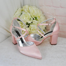 Load image into Gallery viewer, Mid Heel Satin Block Heels - Mia Wedding Shoes
