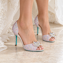 Load image into Gallery viewer, Lilac Crystal Bridal Shoes with Flower Detail | Custom Colour Peep Toe Heels
